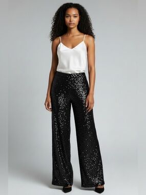 Calzedonia NWT Women’s High Rise Black Sequin Elastic Waist Wide Leg Pants Small
